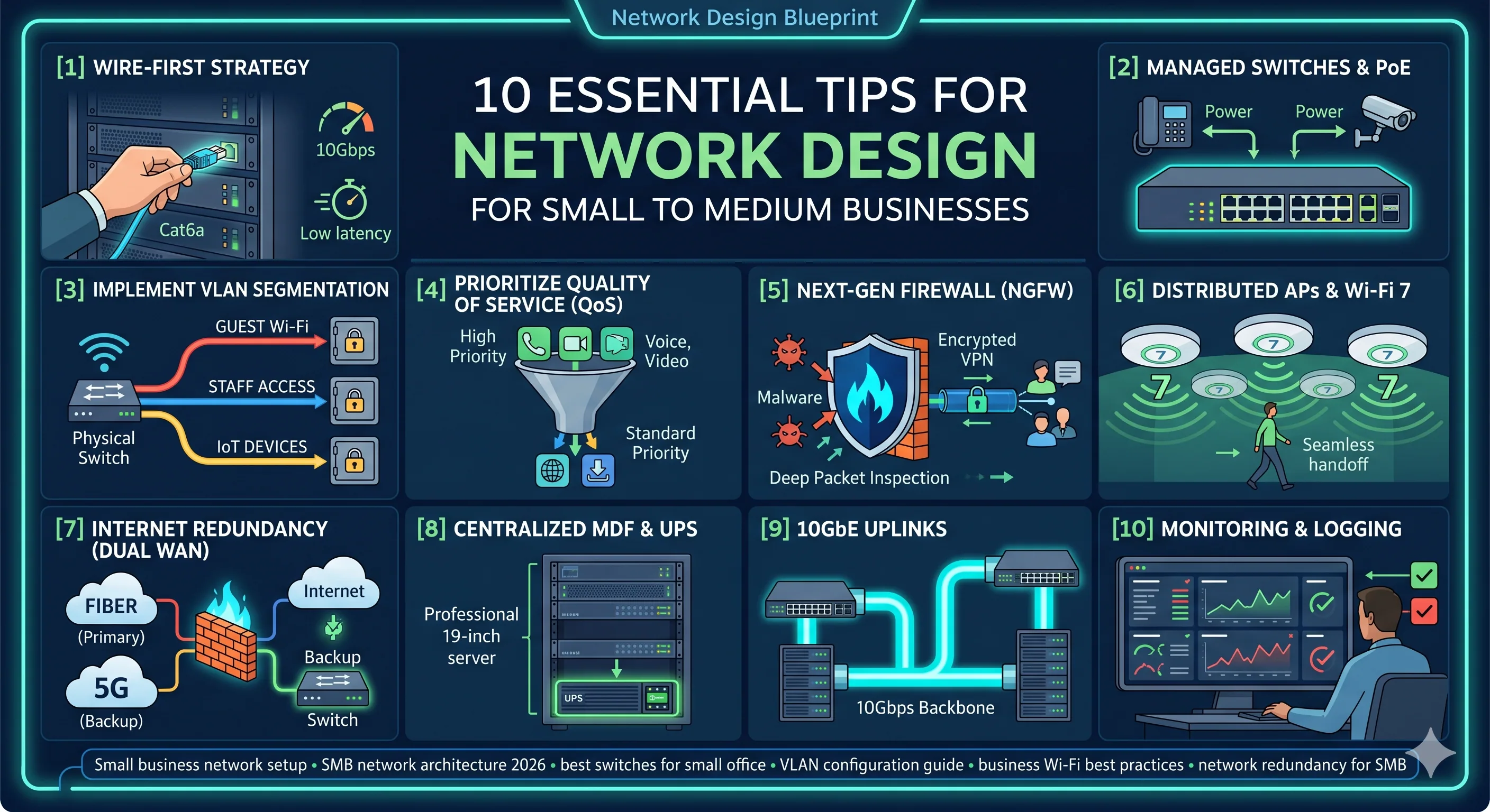 SMB network rack and MDF layout: dual WAN failover, 10GbE backbone uplinks, UPS protection, and Wi-Fi 7 access points